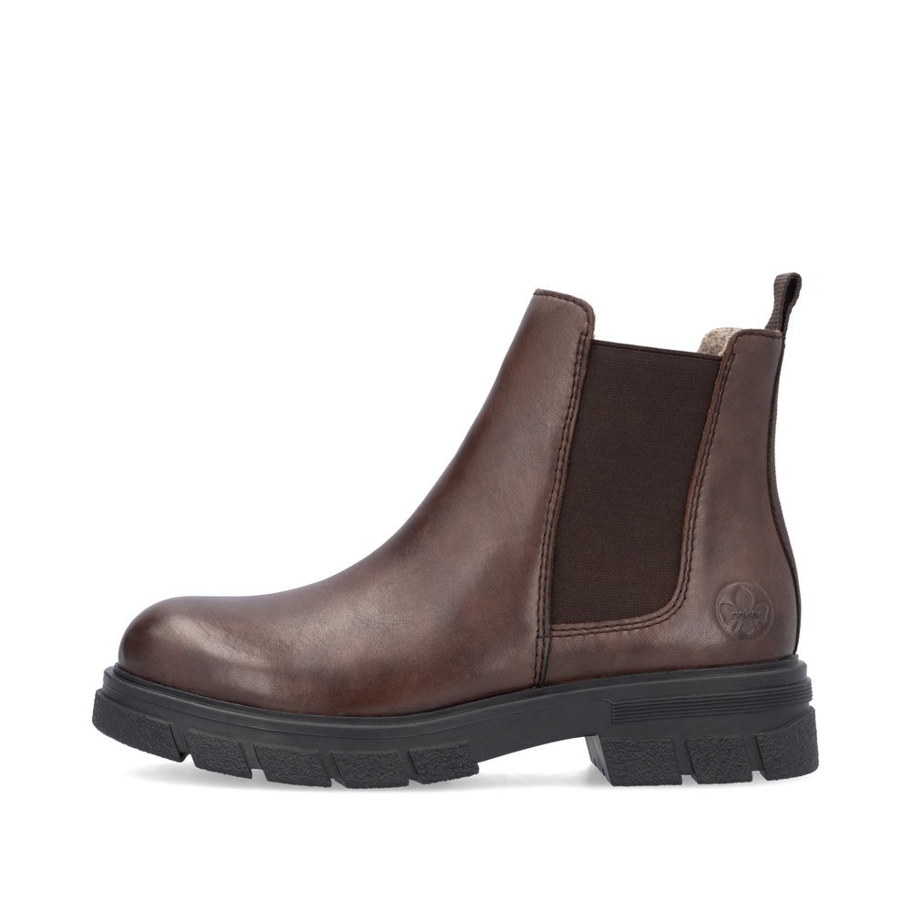 Chocolate brown Rieker women´s Chelsea boots Z9150-25 with a zipper. Outside of the shoe.