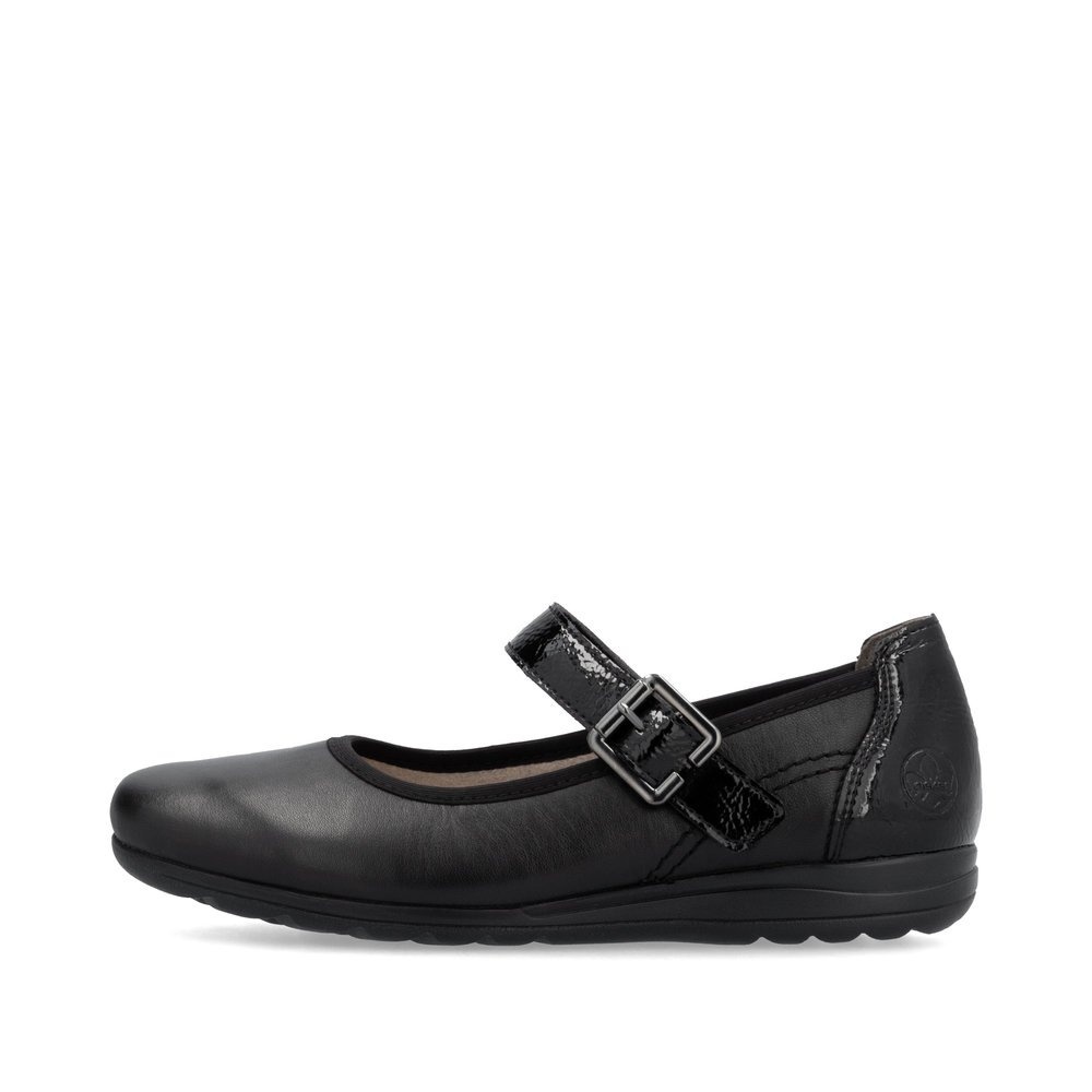 Matt black Rieker women´s ballerinas L9352-00 with a hook and loop fastener. Outside of the shoe.