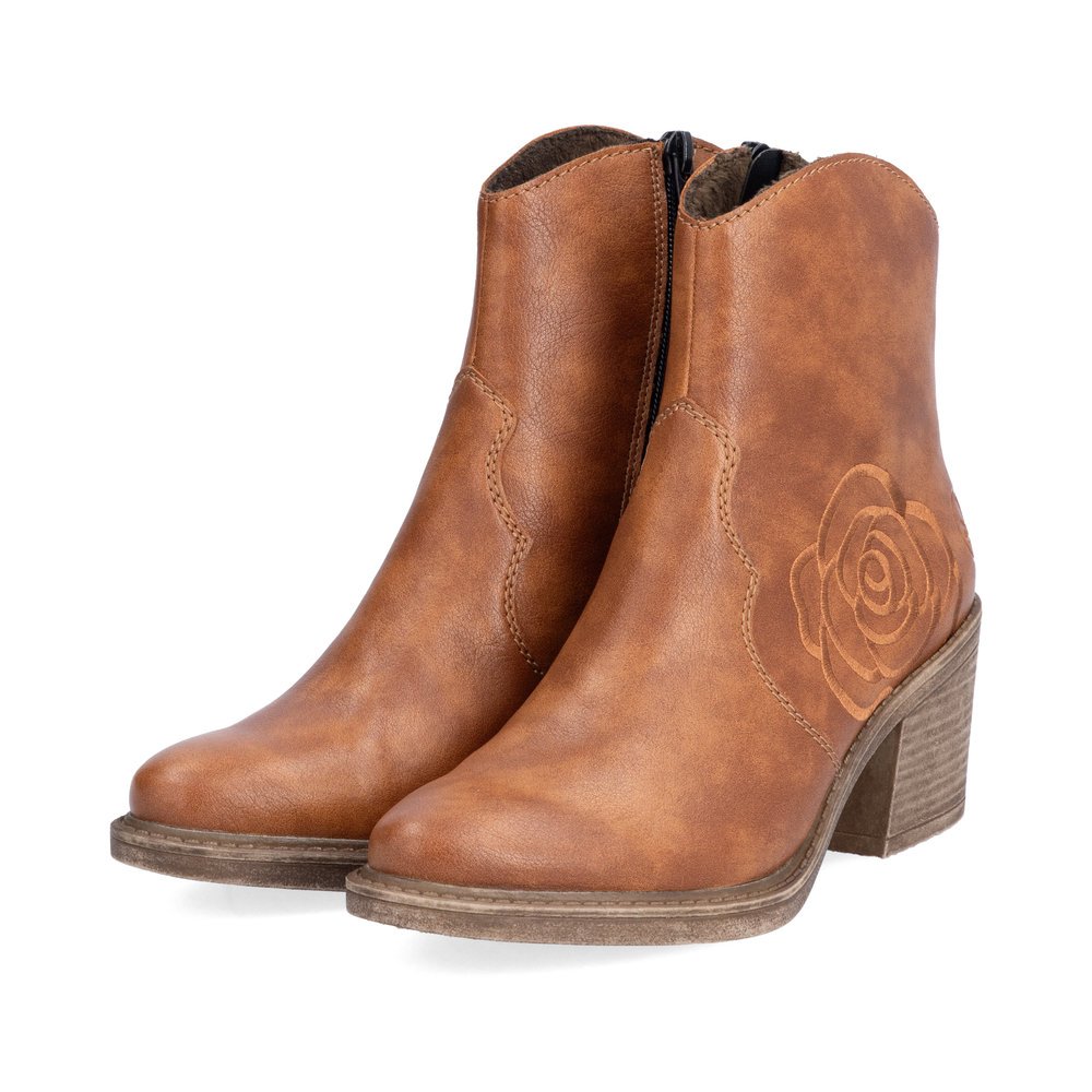 Bottines Rieker marron pour femme Y1250-24 avec fermeture éclair. Chaussures inclinées sur le côté.