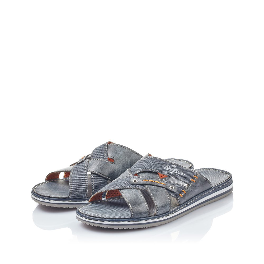 Sea blue Rieker men´s mules 21599-14 with the comfort width G as well as light sole. Shoes laterally.