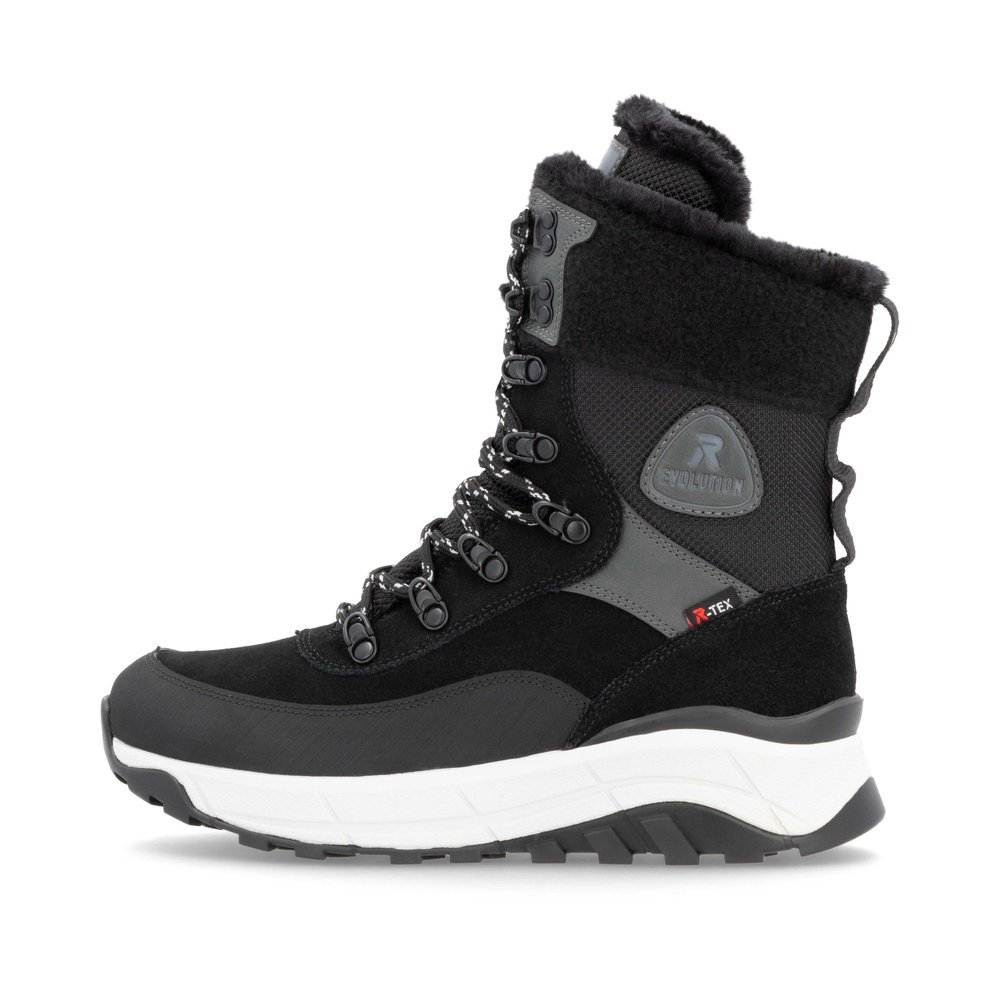 Black Rieker women´s lace-up boots W0066-00 with RiekerTEX technology. Outside of the shoe.