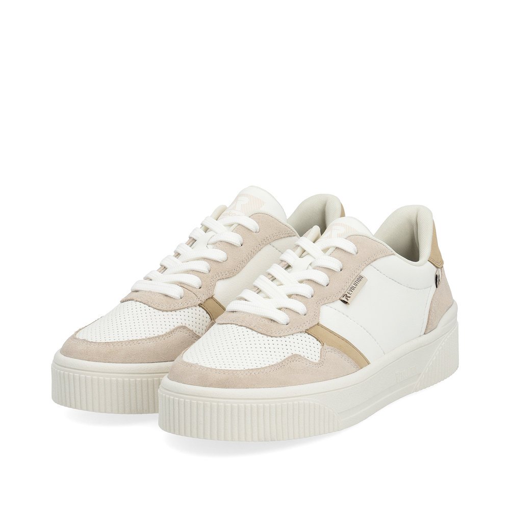 White Rieker women´s low-top sneakers W0701-82 with an abrasion-resistant sole. Shoes laterally.