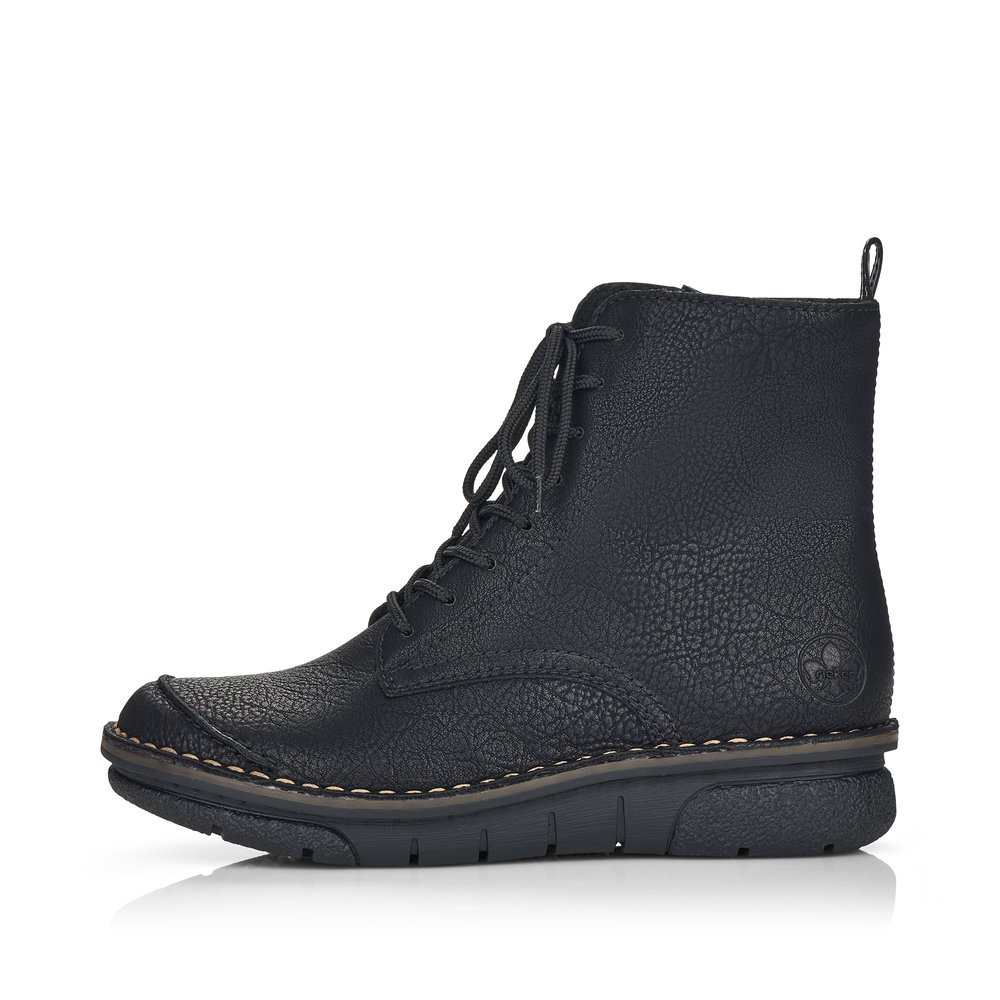 Black Rieker women´s lace-up boots 73310-00 with zipper as well as removable insole. Outside of the shoe.