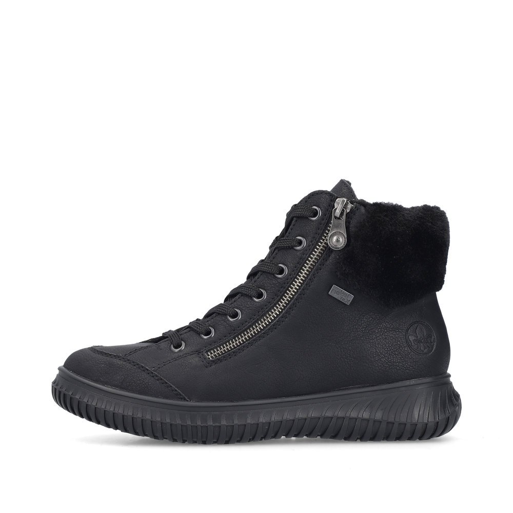 Schwarze Rieker Damen Schnürstiefel 74244-00 mit wasserabweisender TEX-Membran. Schuh Außenseite.