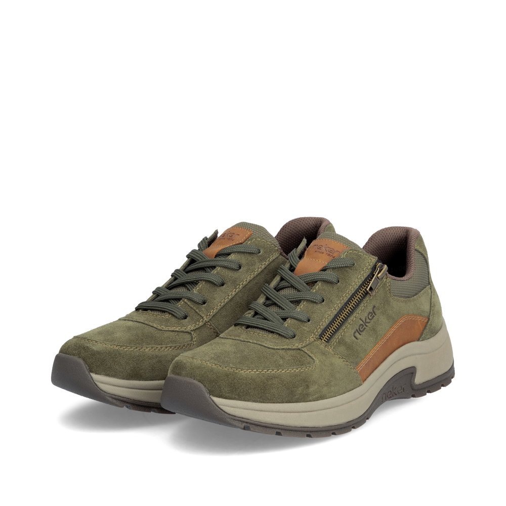 Green Rieker men´s lace-up shoes 11000-54 with a brown details as well as a zipper. Shoes laterally.