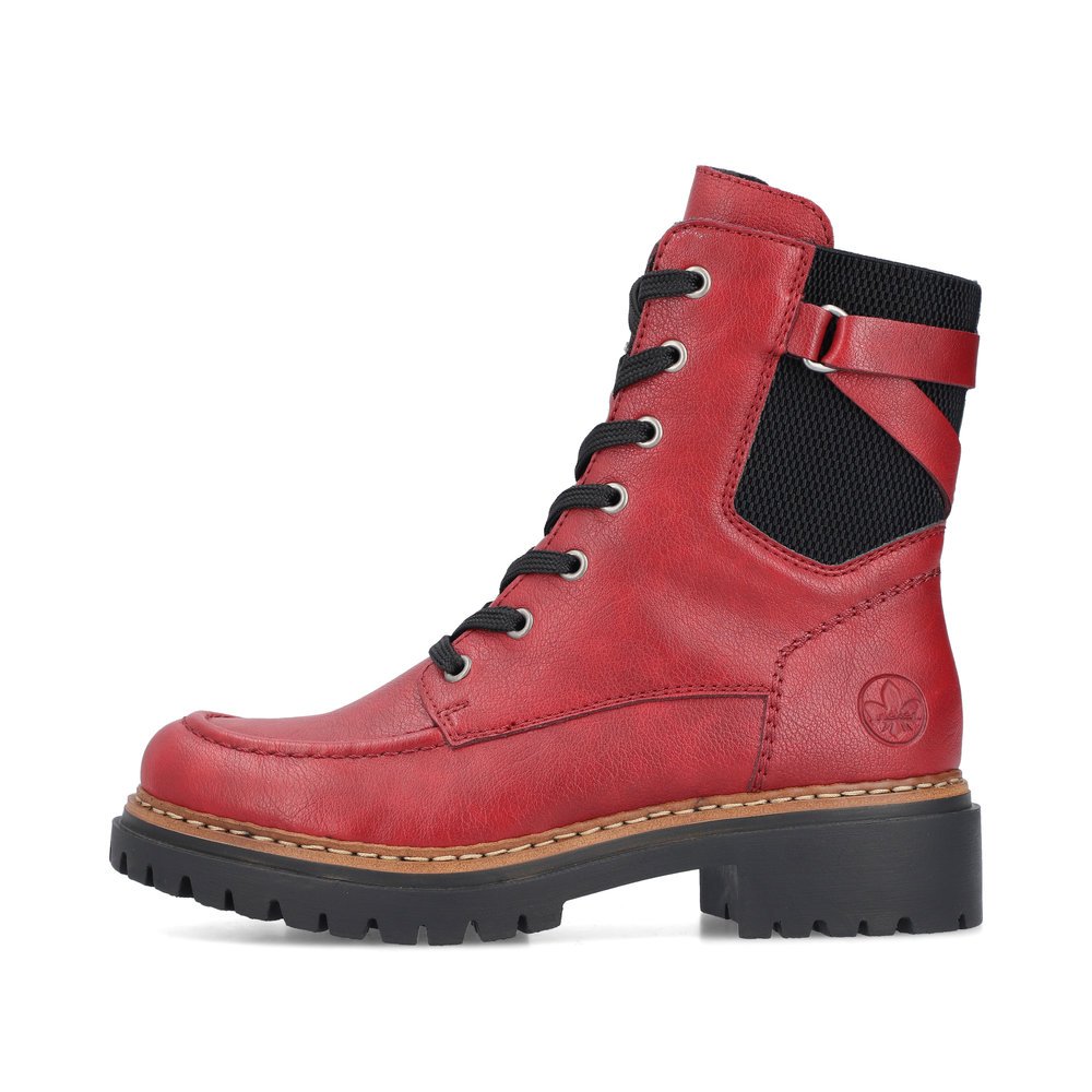 Strawberry red Rieker women´s lace-up boots 72639-35 with a zipper. Outside of the shoe.