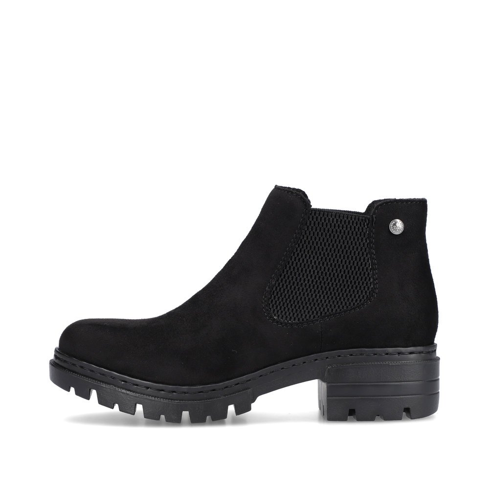 Bottines Rieker noires pour femme 76884-00 avec insert élastique. Côté extérieur de la chaussure.