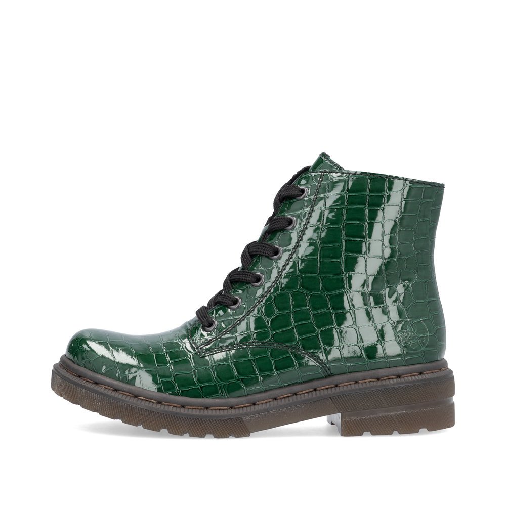 Forest green Rieker women´s lace-up boots 78240-54 with a zipper. Outside of the shoe.