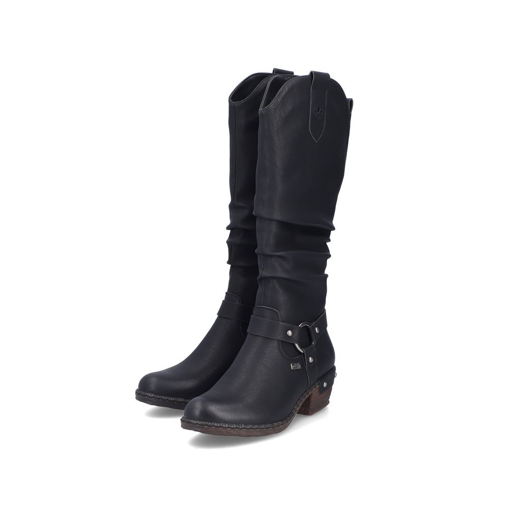 Night black Rieker women´s high boots 93670-00 with RiekerTEX technology. Shoes laterally.