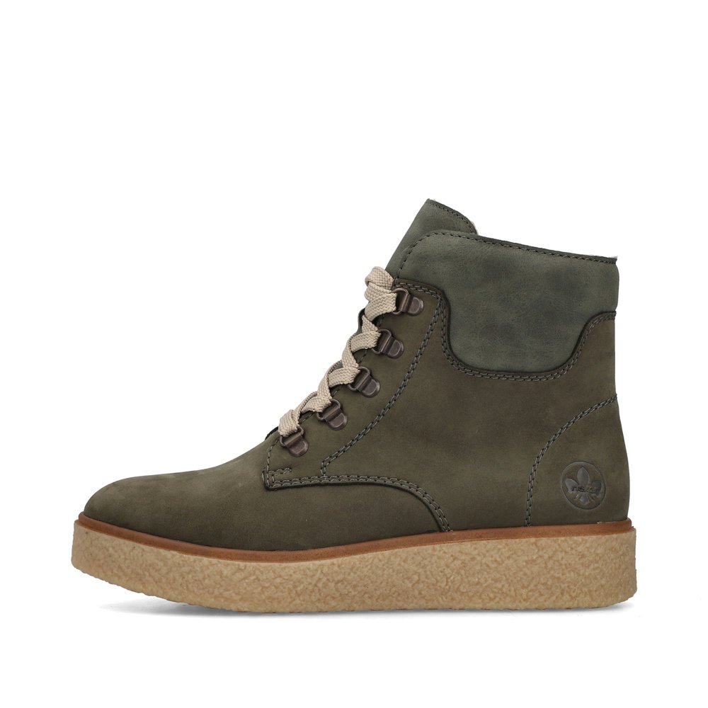 Green Rieker women´s lace-up boots Y0033-54 with zipper as well as removable insole. Outside of the shoe.