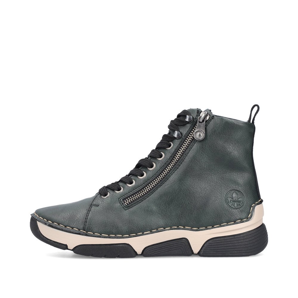 Leaf green Rieker women´s lace-up boots 45920-54 with a zipper. Outside of the shoe.