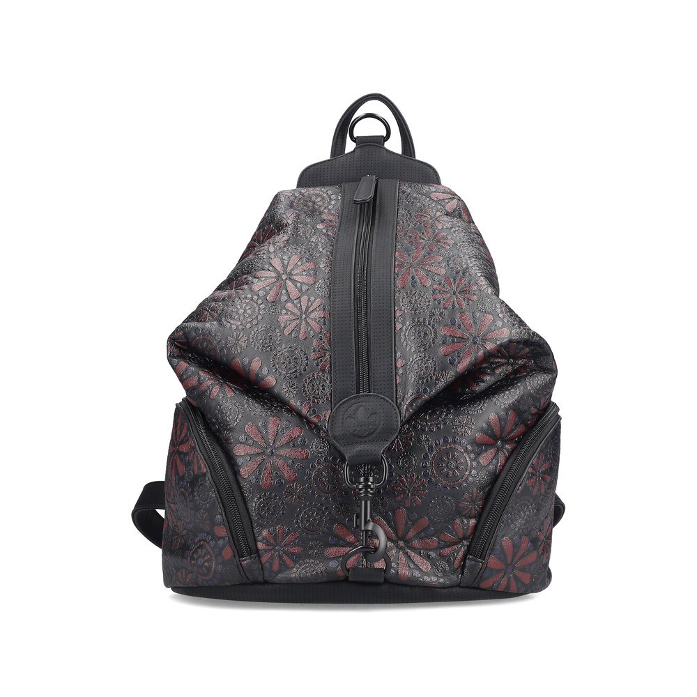 Sac à dos Rieker H1055-95 noir avec un look floral simple, une fermeture éclair, une poche pour téléphone portable et un mousqueton pratique. Face avant.