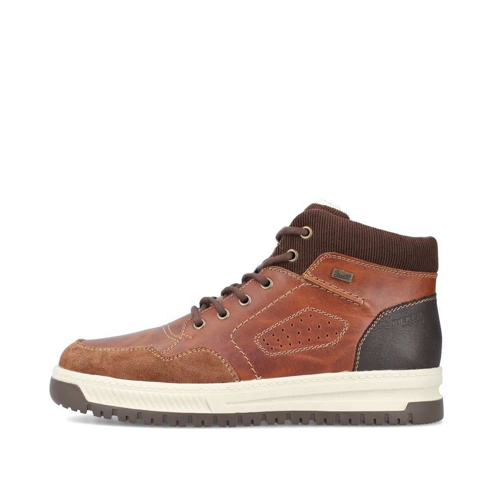 Brown Rieker men´s lace-up boots 38544-24 with RiekerTEX membrane as well as zipper. Outside of the shoe.