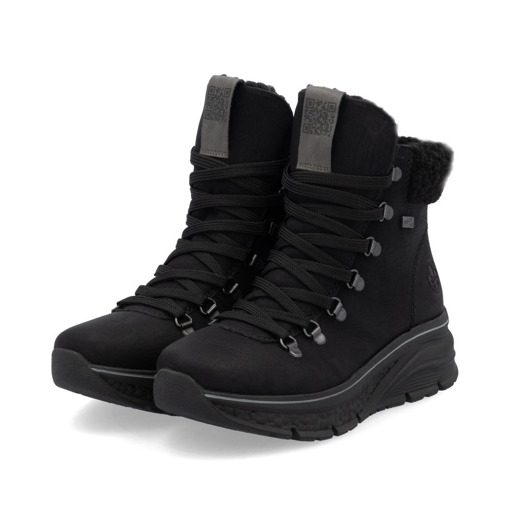 Jet black Rieker women´s lace-up boots 48034-00 with RiekerTEX technology. Shoes laterally.