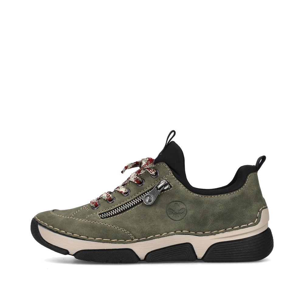 Khaki green Rieker women´s slippers 45973-54 with an elastic shaft collar. Outside of the shoe.