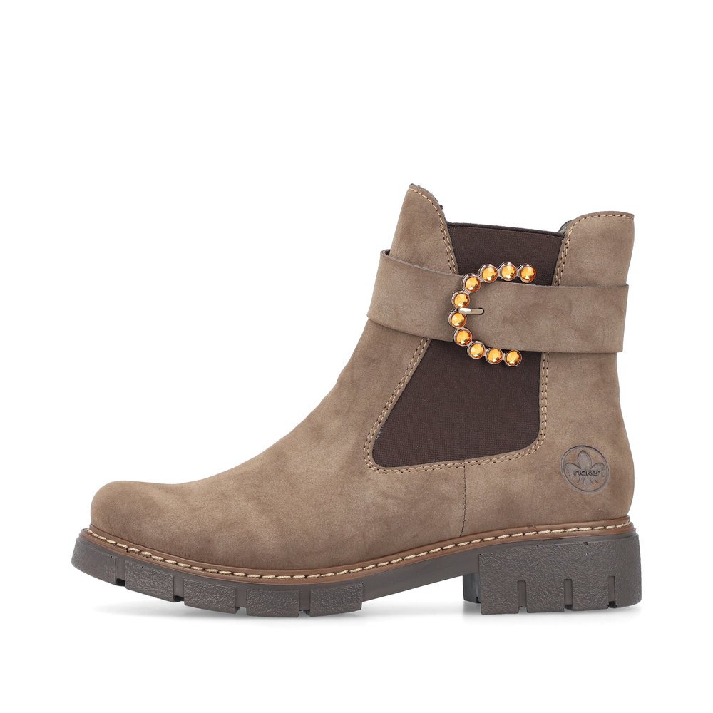 Bottes Chelseas Rieker marron pour femme Z3564-25 avec fermeture éclair. Côté extérieur de la chaussure.