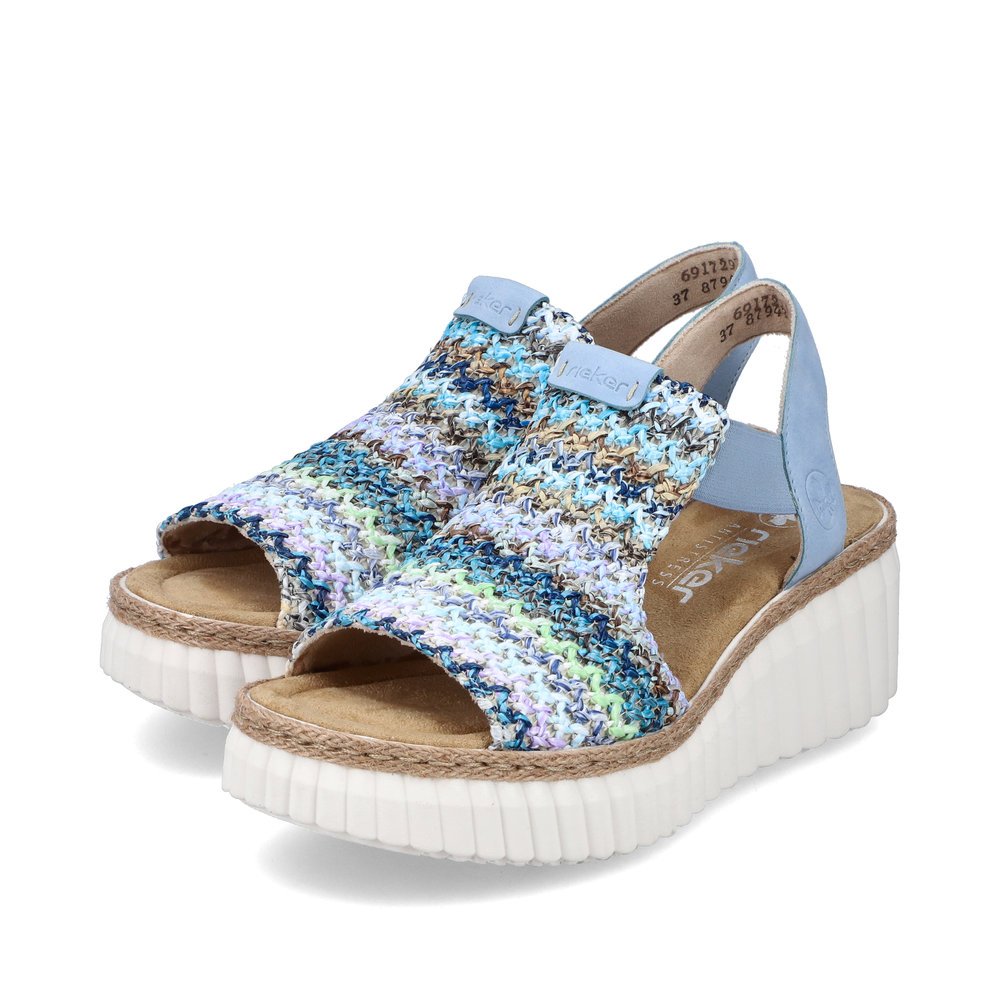 Blue Rieker women´s wedge sandals 69172-91 with an elastic insert. Shoes laterally.
