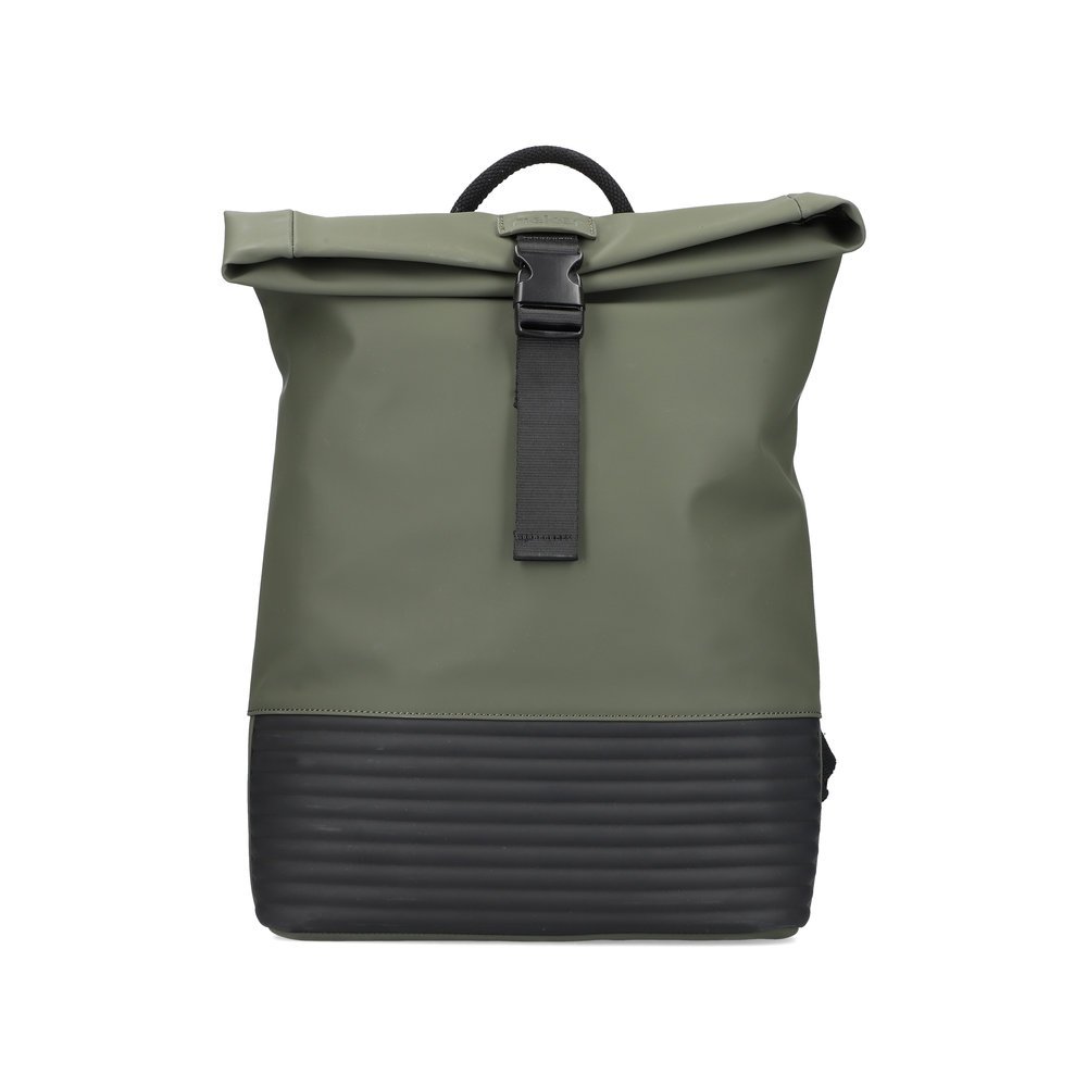 Sac à dos Rieker H1426-52 vert avec poche intérieure, finition mate, fermeture éclair et poche pour téléphone portable. Face avant.