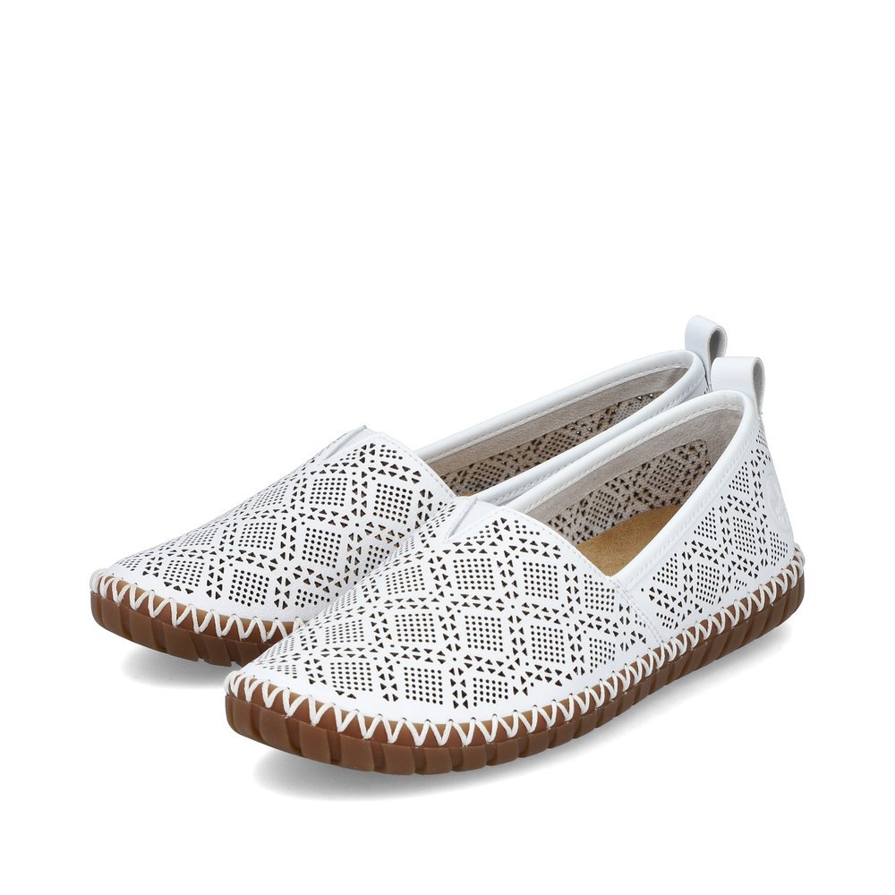 White Rieker women´s ballerinas M2851-80 with an elastic insert. Shoes laterally.