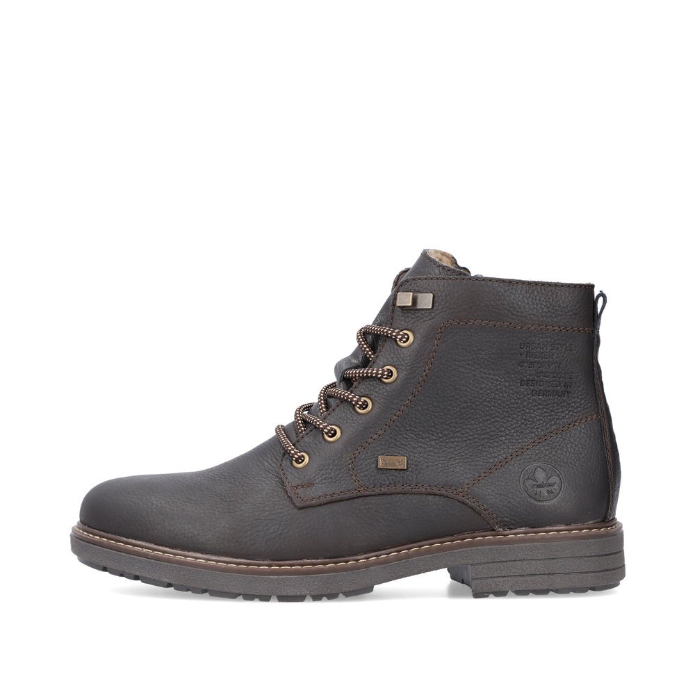 Brown Rieker men´s lace-up boots 33121-25 with RiekerTEX membrane as well as zipper. Outside of the shoe.