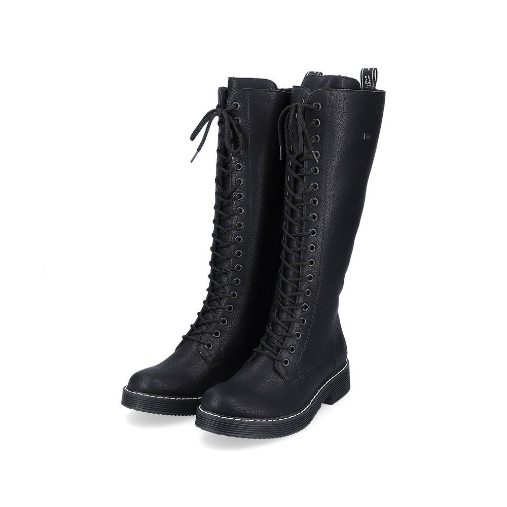 Black Rieker women´s high boots 70046-01 with RiekerTEX membrane as well as zipper. Shoes laterally.