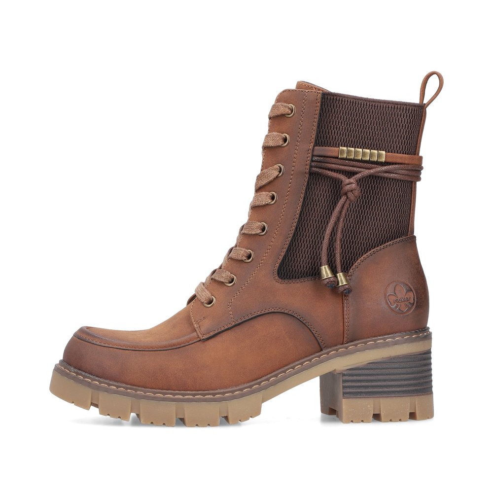 Brown Rieker women´s lace-up boots 92032-24 with fashionable cord as well as zipper. Outside of the shoe.