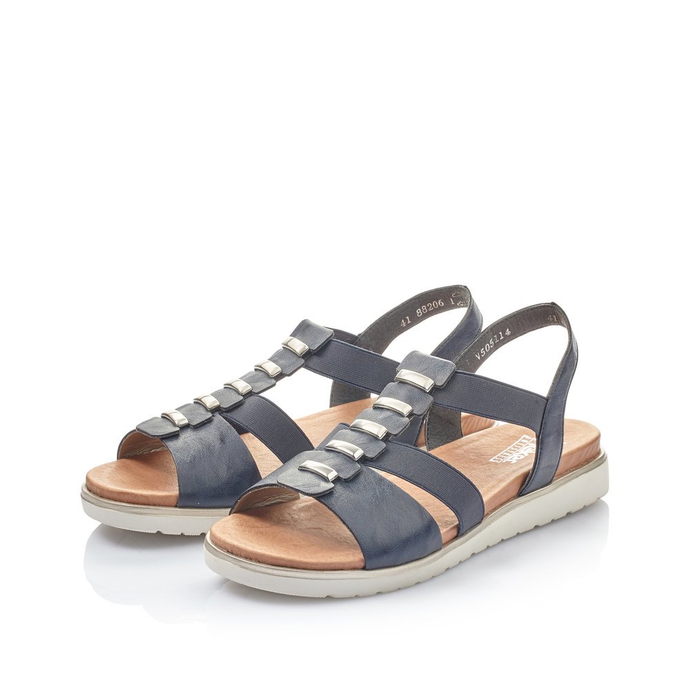 Navy blue Rieker women´s strap sandals V5051-14 with an elastic insert. Shoes laterally.