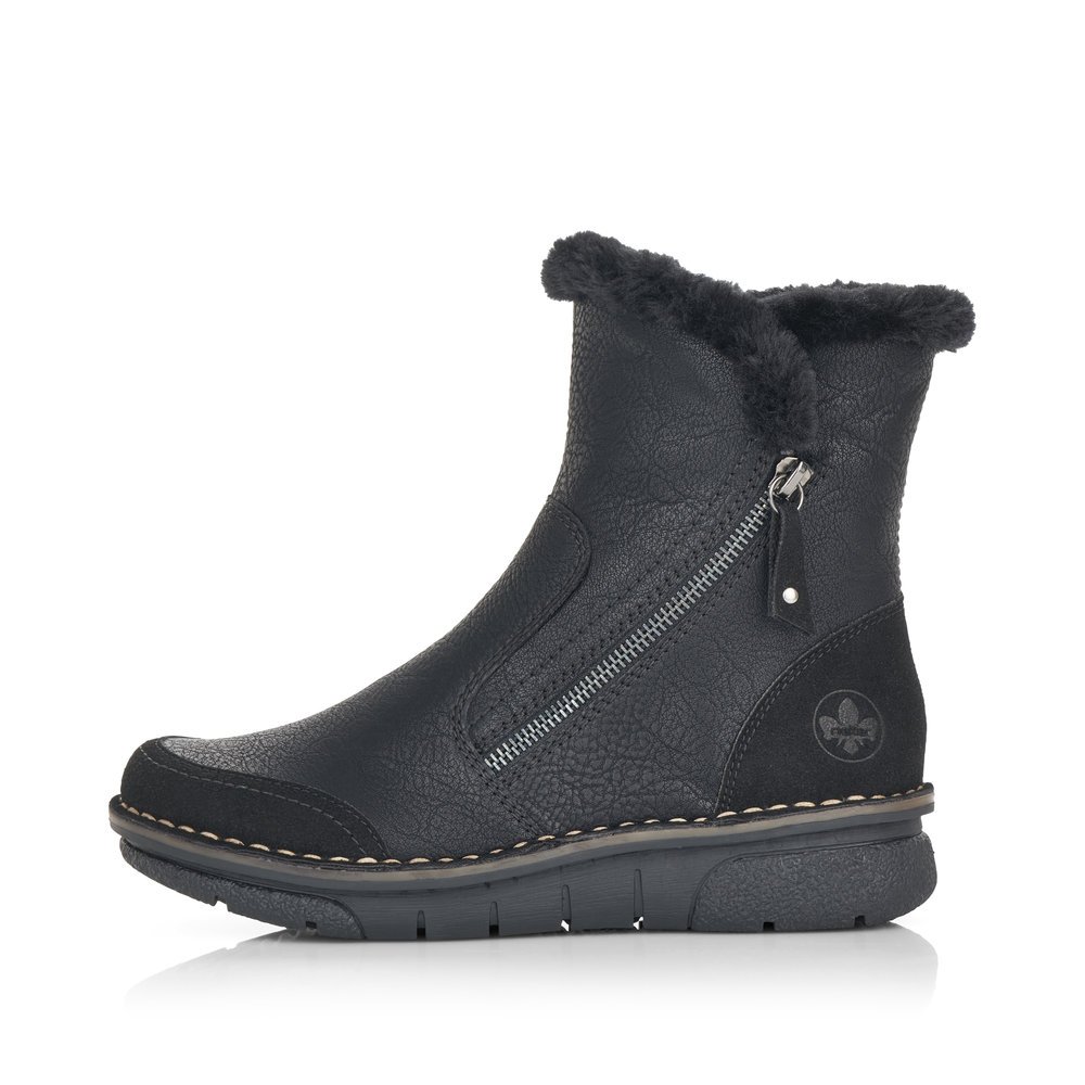 Black Rieker women´s ankle boots 73371-00 with furry shaft edge as well as a zipper. Outside of the shoe.