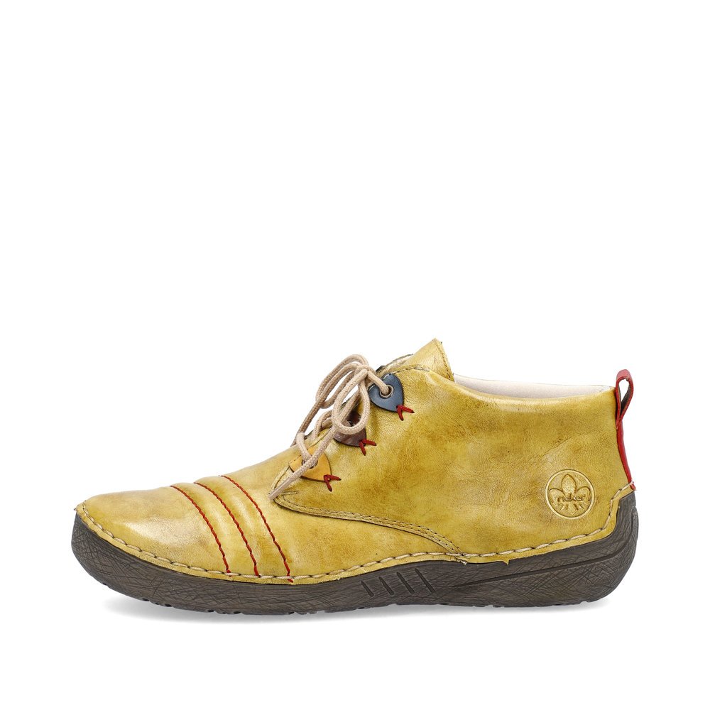 Chaussures à lacets Rieker jaunes femme 52509-68 avec détails colorés. Côté extérieur de la chaussure.