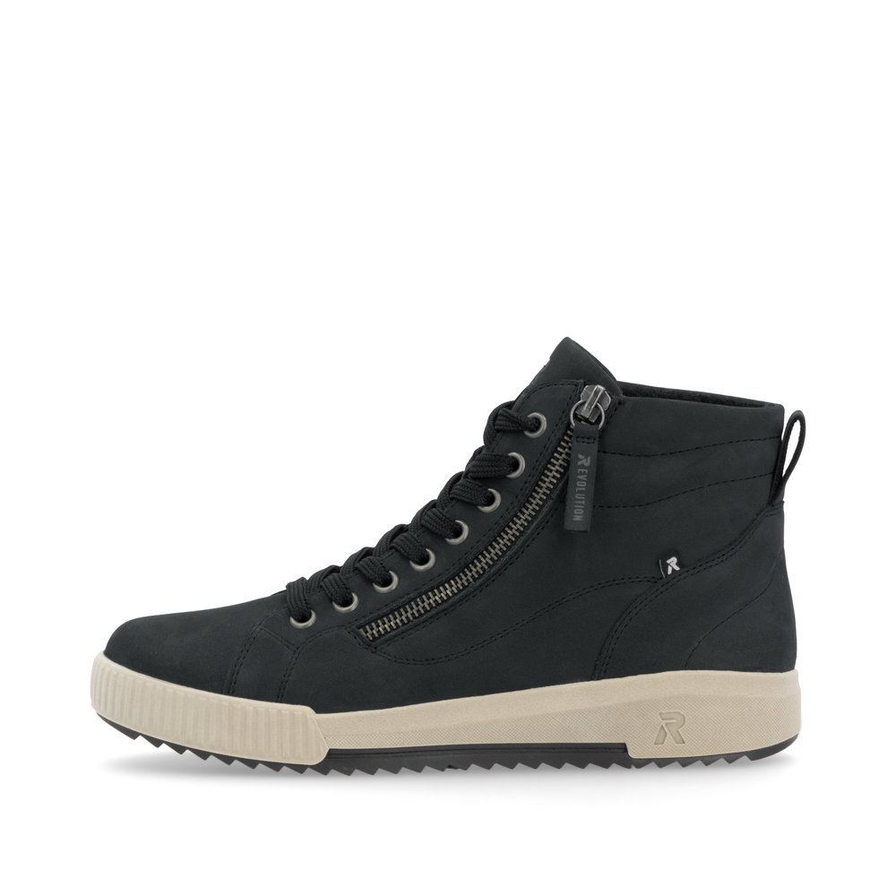 Blue Rieker women´s high-top sneakers W0164-14 with grippy sole as well as a zipper. Outside of the shoe.