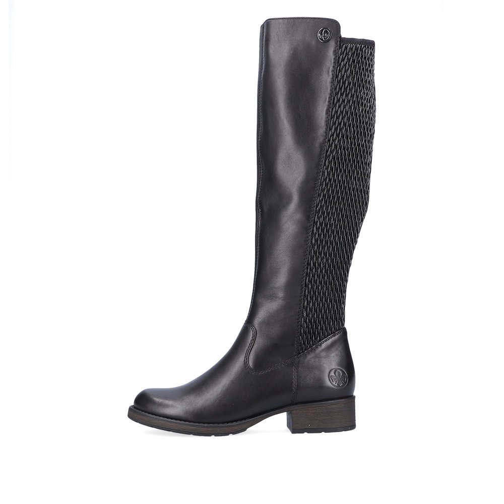 Jet black Rieker women´s high boots Z9591-00 with a zipper. Outside of the shoe.