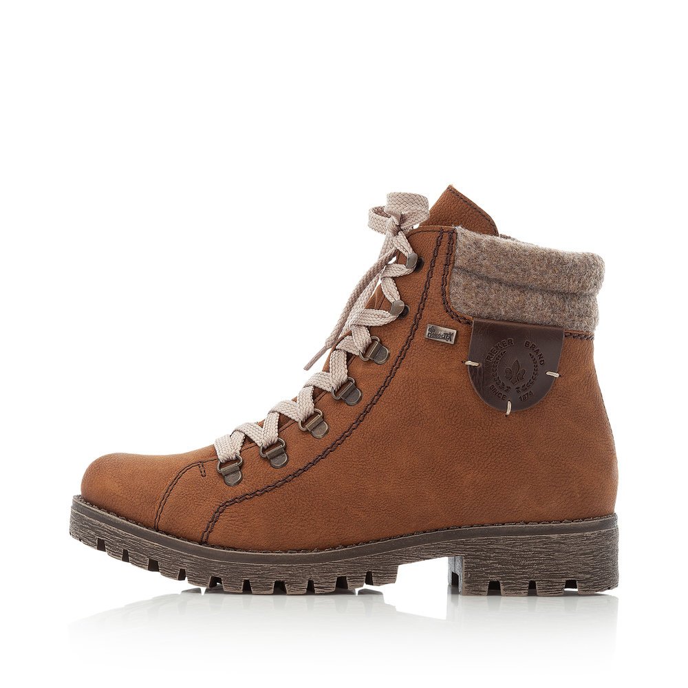 Nougat brown Rieker women´s lace-up boots 785F8-22 with RiekerTEX technology. Outside of the shoe.