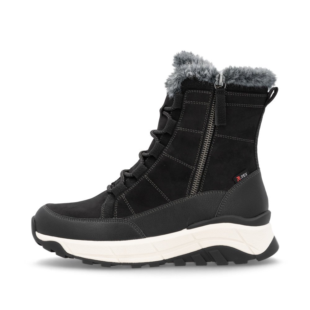 Black Rieker women´s lace-up boots W0071-00 with RiekerTEX technology. Outside of the shoe.