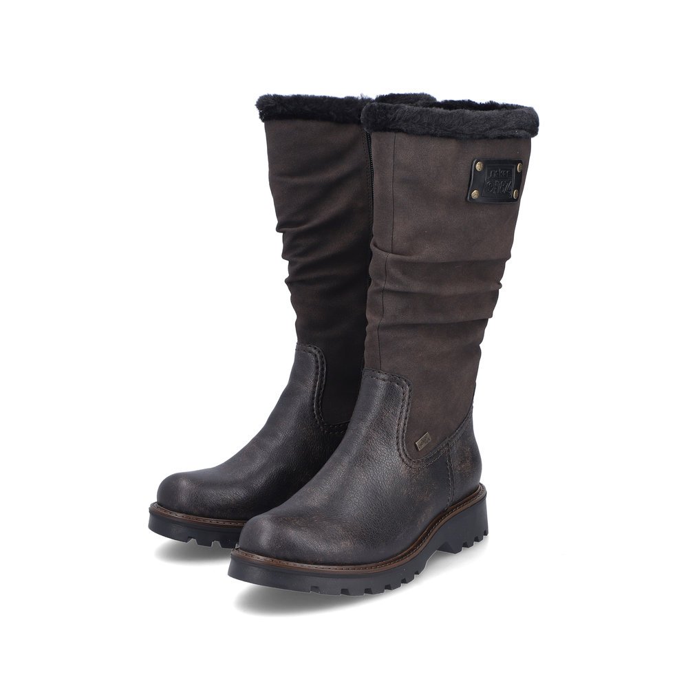 Wood brown Rieker women´s high boots 73291-25 with RiekerTEX technology. Shoes laterally.