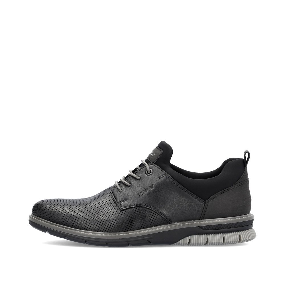 Asphalt black Rieker men´s slippers 14450-00 with an elastic lacing. Outside of the shoe.
