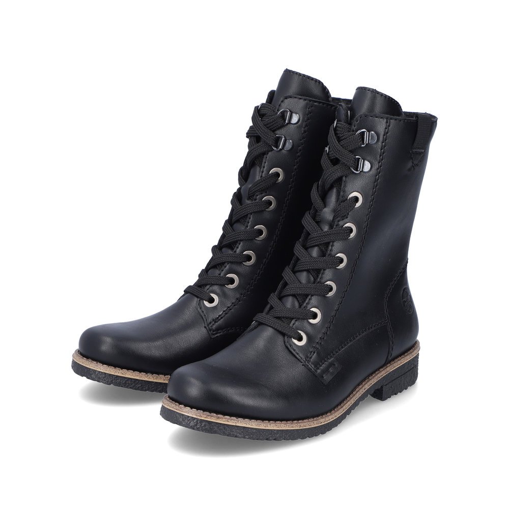 Carbon black Rieker women´s lace-up boots 73542-00 with a zipper. Shoes laterally.