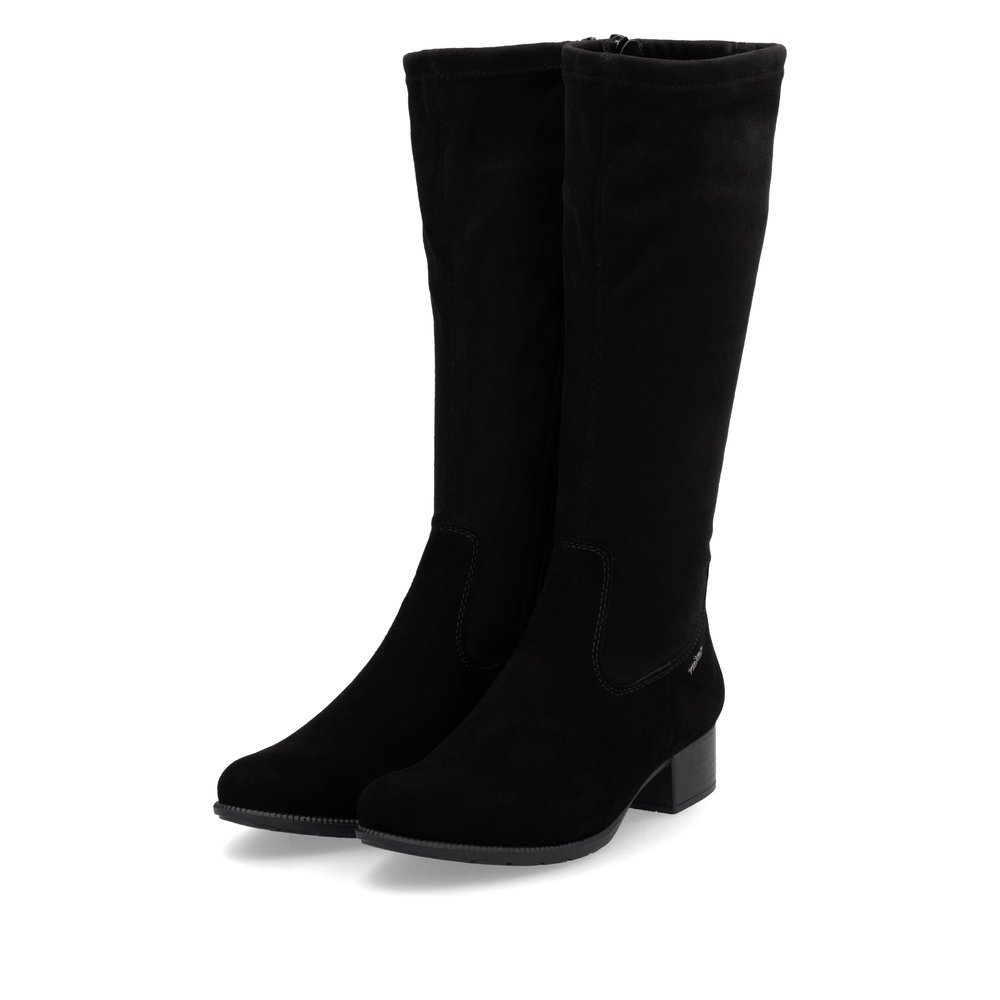 Jet black Rieker women´s high boots 78654-00 with a zipper. Shoes laterally.