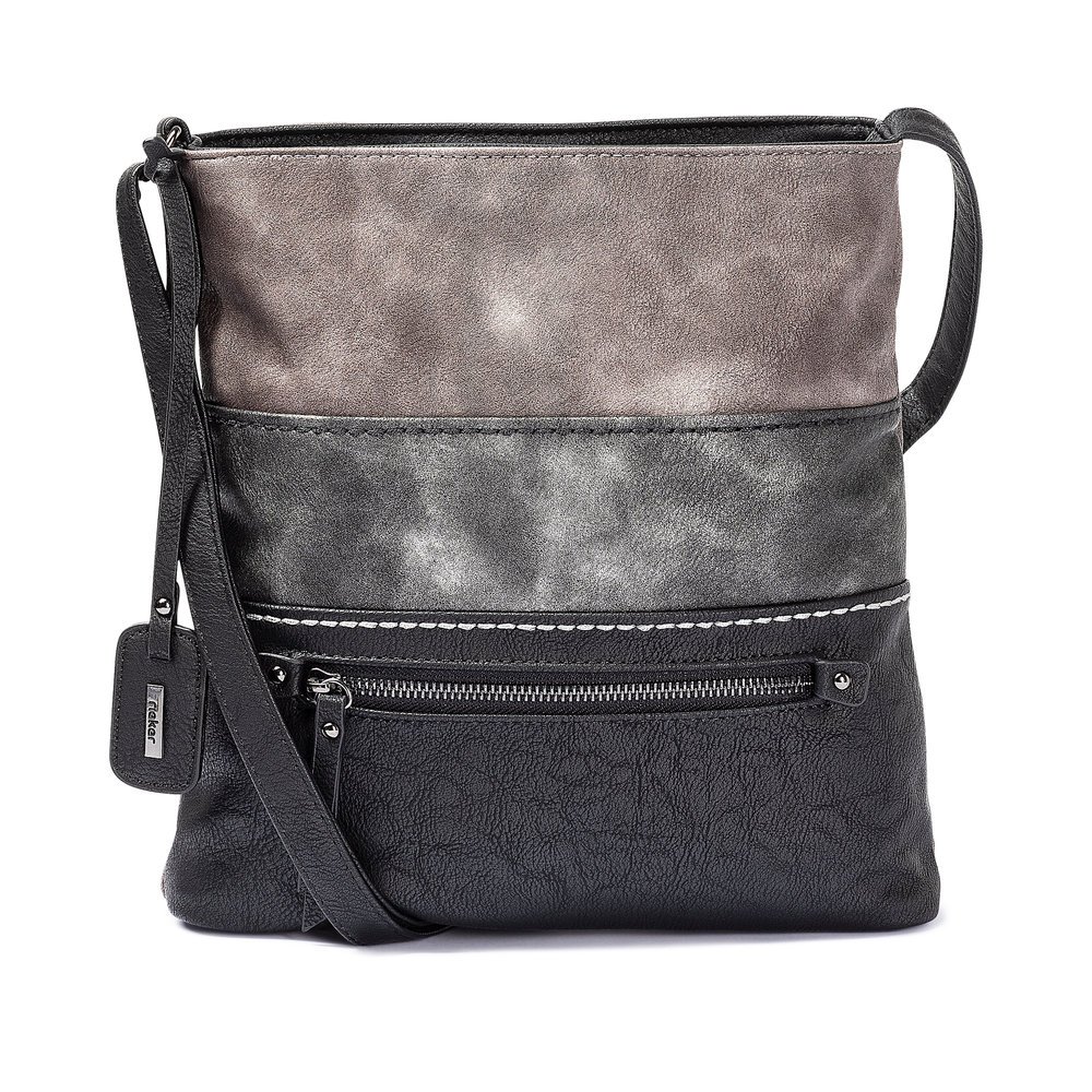 Sac à bandoulière Rieker H1301-45 gris avec finition métallique, fermeture éclair et poche pour téléphone portable. Face avant.