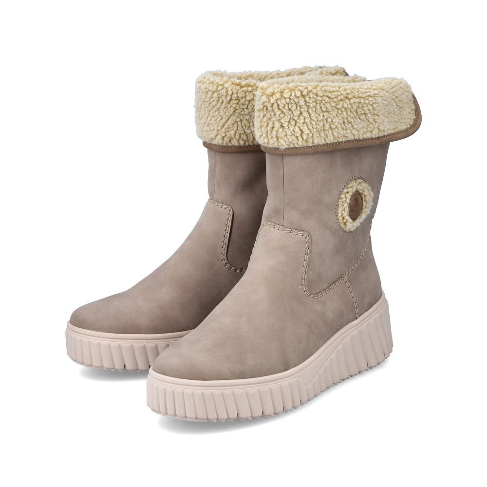 Grey beige Rieker women´s ankle boots N2554-60 with shaft collar as well as zipper. Shoes laterally.