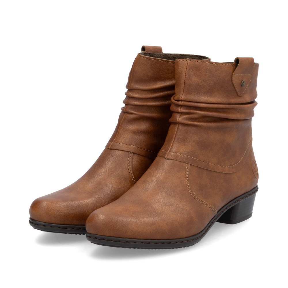 Brown Rieker women´s ankle boots Y0771-24 with a gathered look as well as a zipper. Shoes laterally.