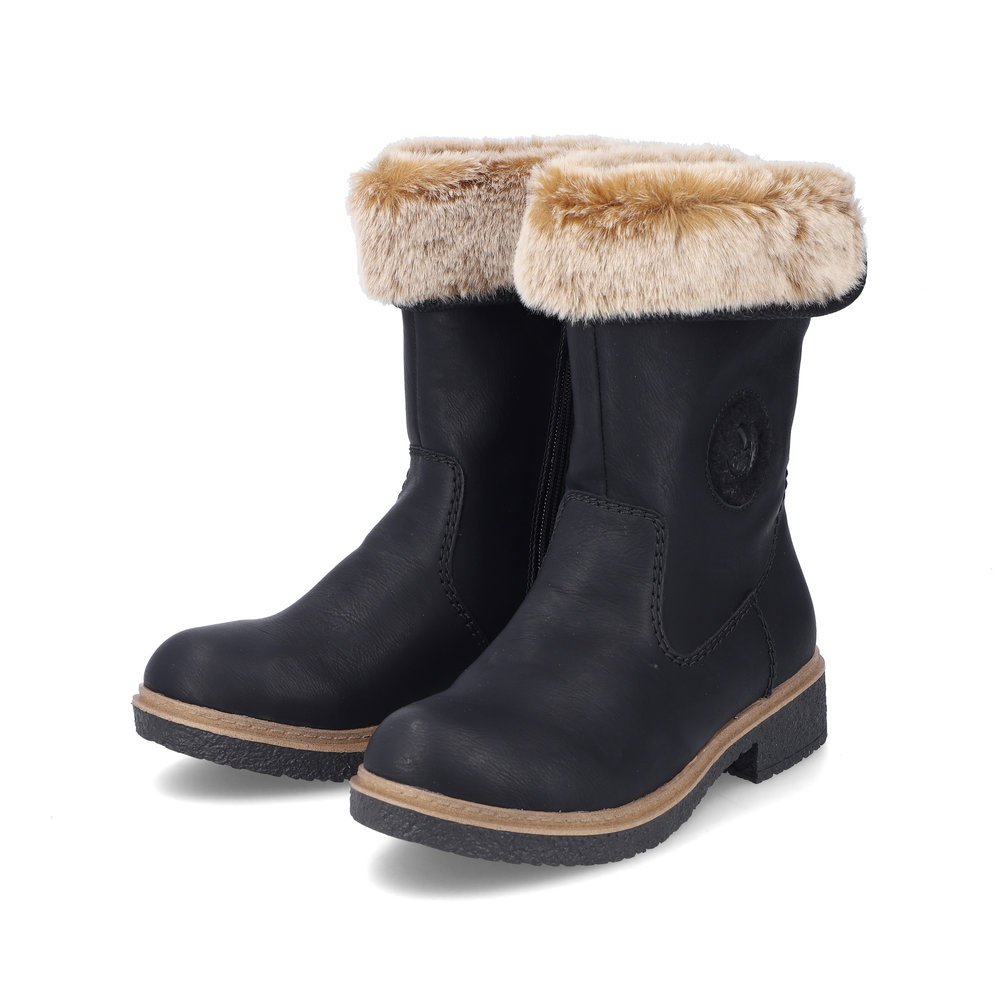 Black Rieker women´s ankle boots Z5054-00 with a fur collar as well as a zipper. Shoes laterally.