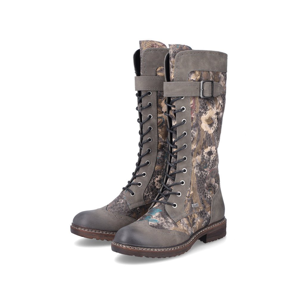 Grey Rieker women´s high boots 94734-90 with RiekerTEX technology as well as zipper. Shoes laterally.