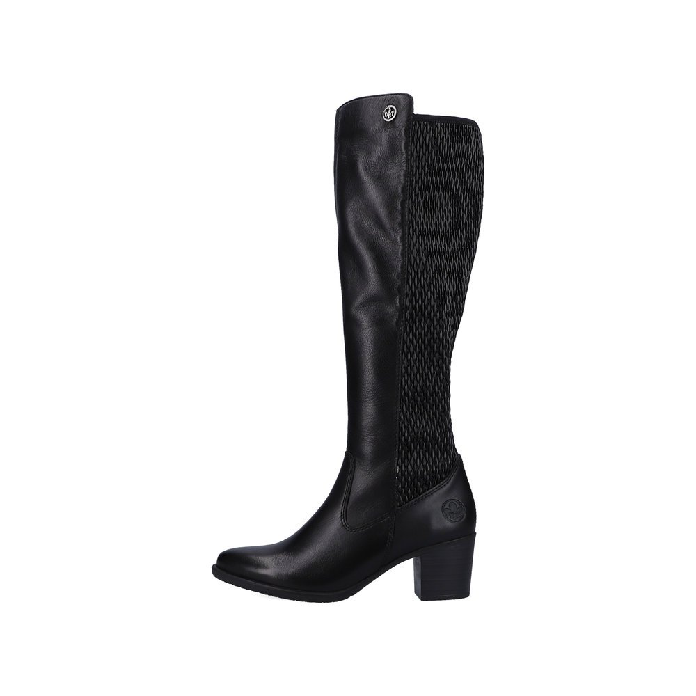 Jet black Rieker women´s high boots Y2050-00 with a zipper. Outside of the shoe.