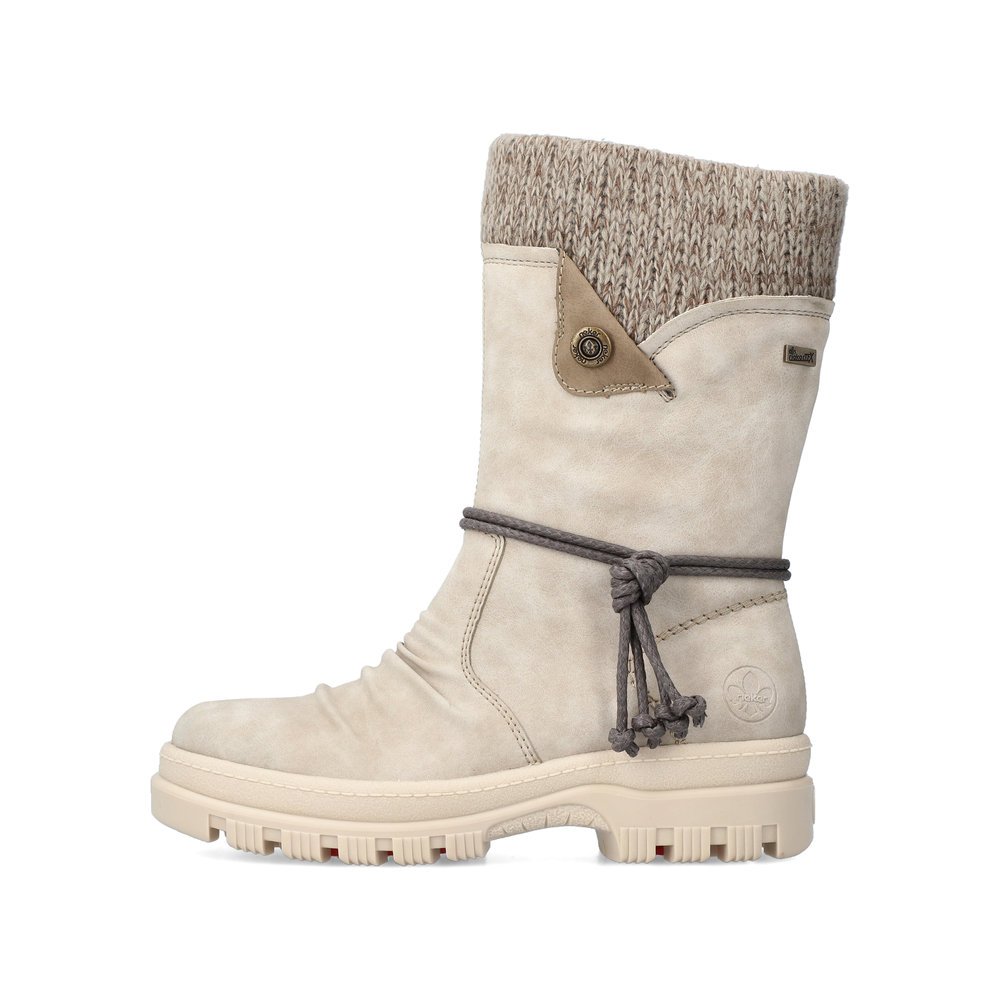 Vanillebeige Rieker Damen Kurzstiefel X8283-60 mit Flip-Grip Sohle. Schuh Außenseite.