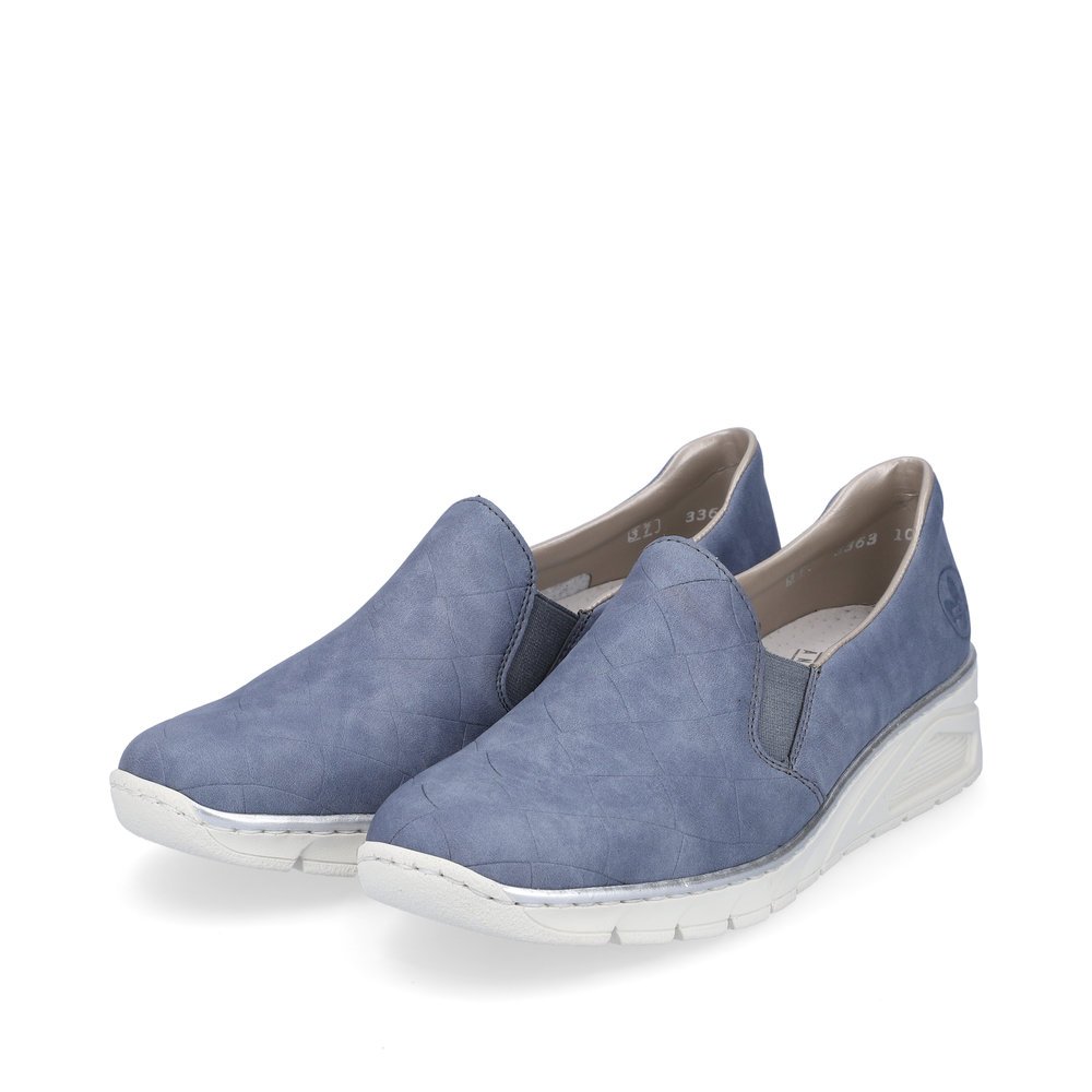 Blue Rieker women´s slippers N3363-10 with elastic insert as well as the slim fit E. Shoes laterally.