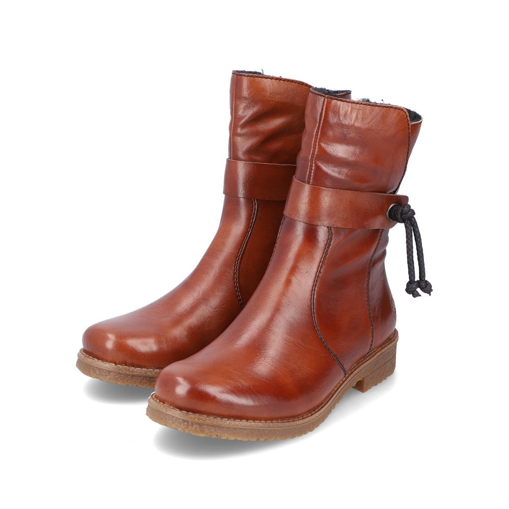 Brown Rieker women´s ankle boots 73551-24 with a fashionable cord as well as zipper. Shoes laterally.