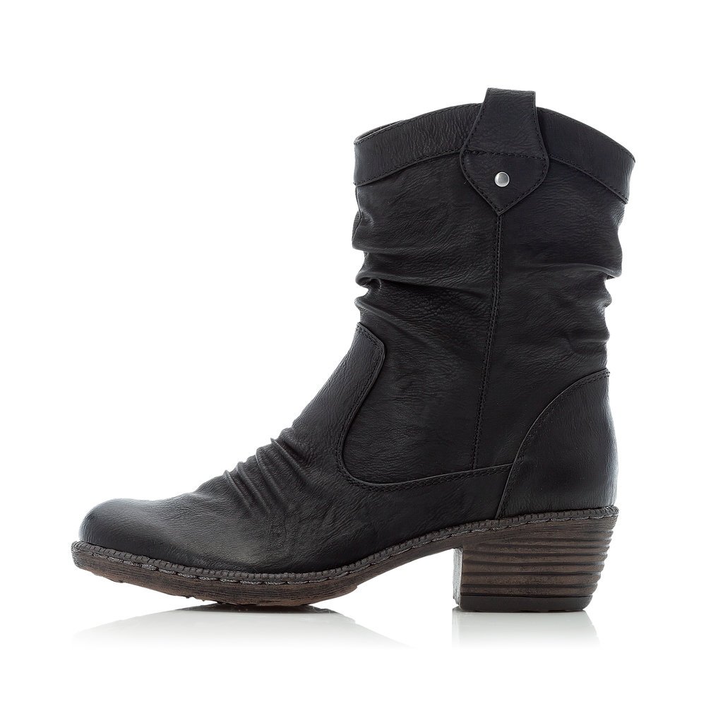 Night black Rieker women´s ankle boots 93770-01 with a zipper. Outside of the shoe.