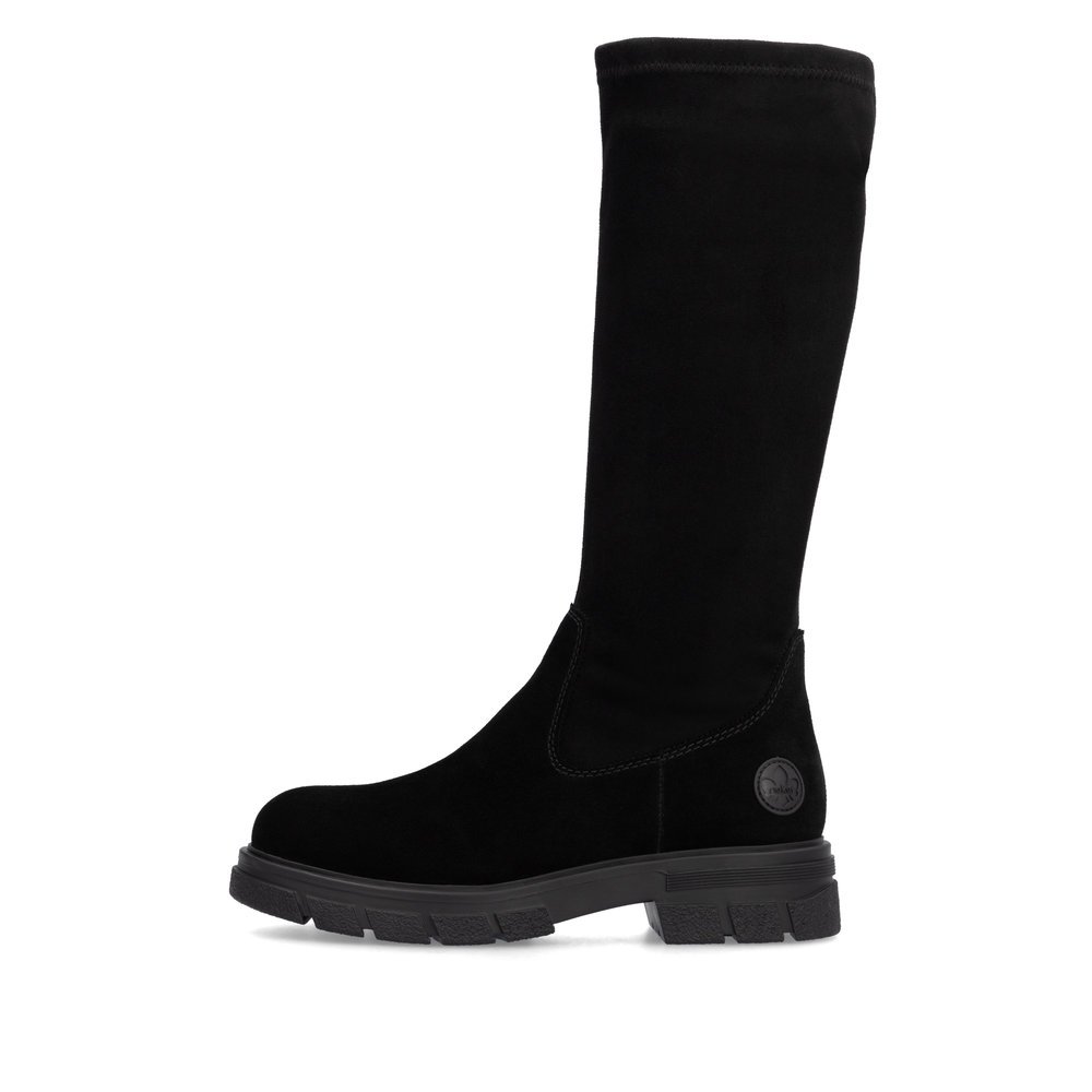 Jet black Rieker women´s high boots Z9178-00 with a zipper. Outside of the shoe.