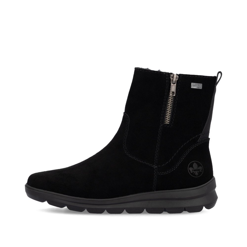 Black Rieker women´s ankle boots Z0053-00 with RiekerTEX membrane as well as zipper. Outside of the shoe.