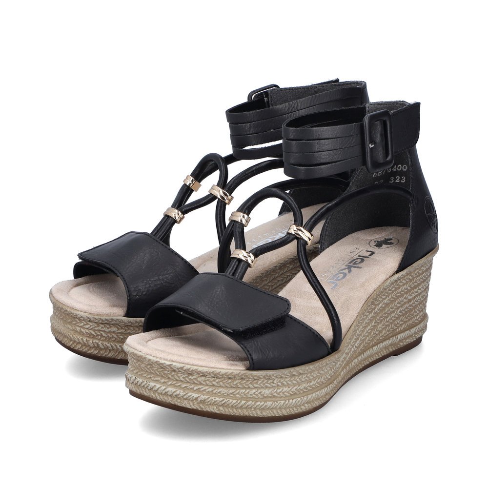 Asphalt black Rieker women´s wedge sandals 68794-00 with a hook and loop fastener. Shoes laterally.